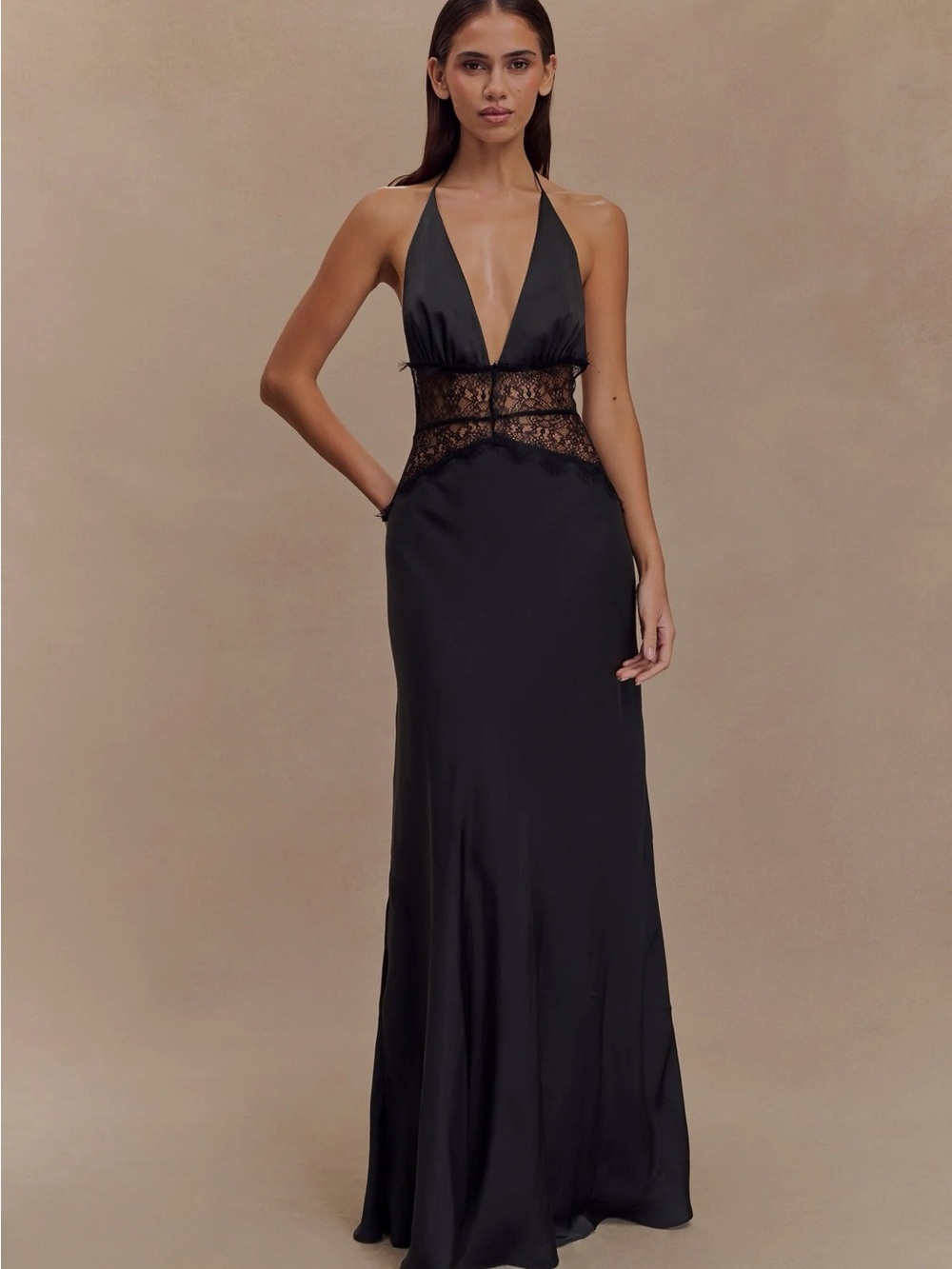 Black Lace-Trim Halter Evening Dress